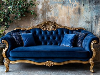 Luxurious Blue Velvet Sofa with Ornate Gold Frame in Elegant Setting