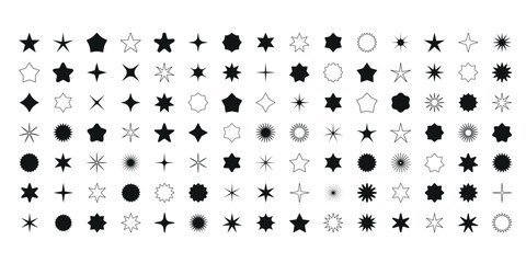 Vector set of star shape icons. Retro futuristic elements collection. Abstract cool shine effect sign vector design. Template for ads design, posters, logo, banner, business cards