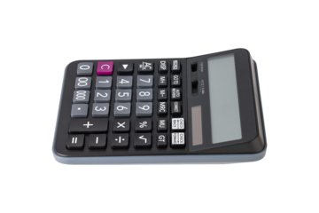 Closeup of single black digital calculator isolated on white background with clipping path.