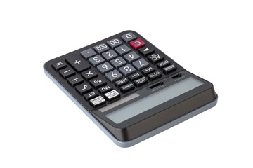 Closeup of single black digital calculator isolated on white background with clipping path.