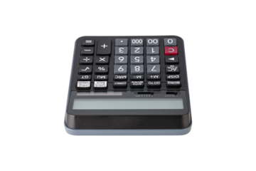Closeup of single black digital calculator isolated on white background with clipping path.
