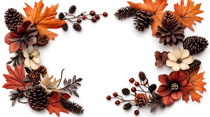 Autumnal Floral and Pinecone Frame: Flat Lay Image AI Generated