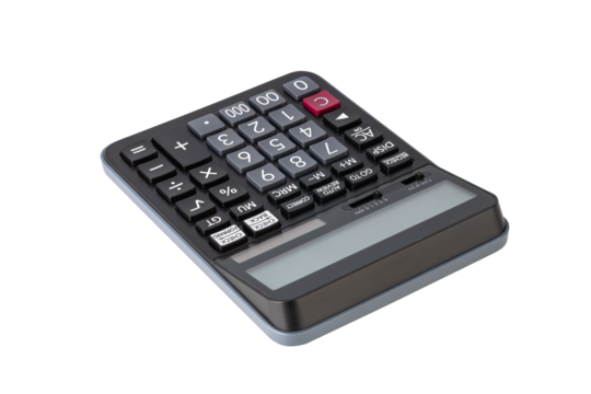 Closeup of single black digital calculator isolated on white background with clipping path.
