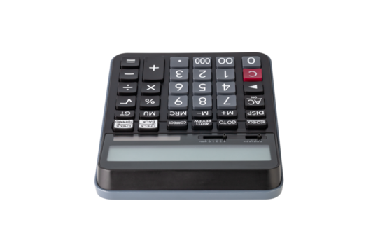 Closeup of single black digital calculator isolated on white background with clipping path.