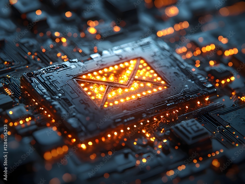 Poster metallic glowing email icon floating in futuristic high tech setting