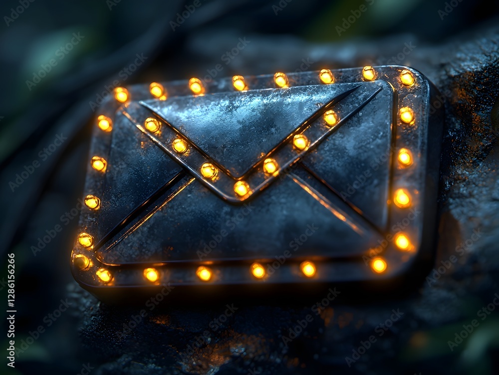 Poster metallic email icon with glowing led lights in futuristic high tech setting
