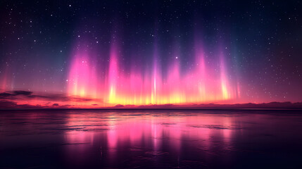 Aurora Borealis over the Horizon: A breathtaking view of the Aurora Borealis painting the night sky with vibrant hues of pink and gold, reflected beautifully on the calm water.