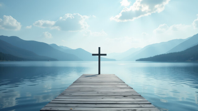 A serene lakeside setting with a wooden dock and a cross at its end under a blue sky.