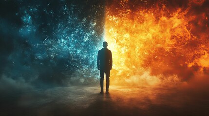 Man Stands Between Opposing Forces Of Ice And Fire