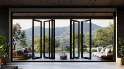 Fototapeta premium Modern Home with Panoramic Mountain View Through Folding Glass Doors