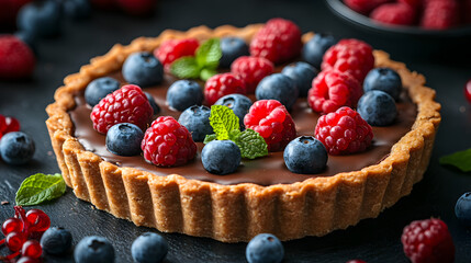 Berry Tart Delight: A delectable close-up captures a vibrant berry tart, featuring a rich chocolate filling and a medley of fresh raspberries, blueberries, and mint leaves.