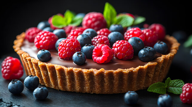 Berry Tart: A delectable close-up of a berry tart showcases juicy raspberries and blueberries, nestled on a bed of chocolate ganache in a crisp crust, garnished with fresh mint leaves.