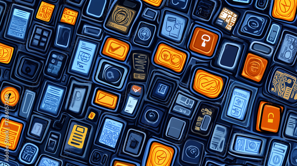 Poster digital icons and graphics showcase online platform visual content abstract background wide view tec