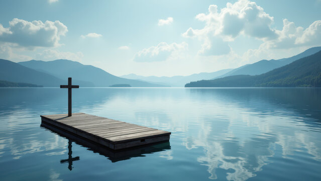 Christian cross at waterside dock with mountain background.