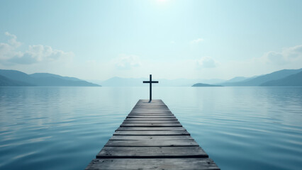 Obraz premium A tranquil lake with a pier leading to a cross, symbolizing faith and solitude.