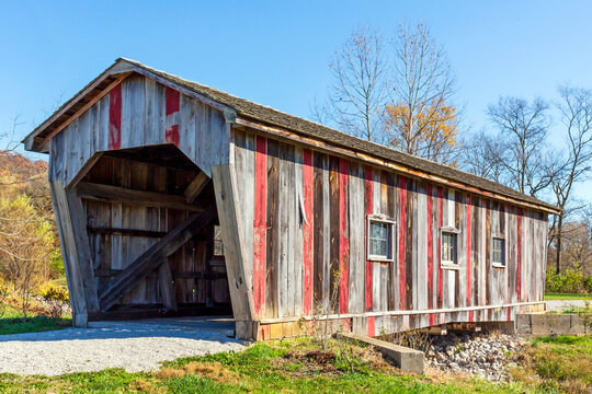 A covered bridge at the Historic Daniel Boone Home Park in Defiance, Missouri