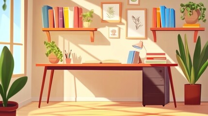 Room interior featuring a desk with books plants and natural light from the window