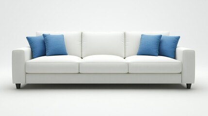 Modern white sofa featuring blue cushions against a white backdrop