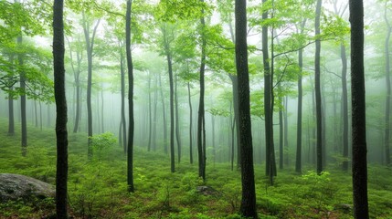 Fototapeta premium Walking in Foggy Forest with Green Trees and Plants Nature Scene
