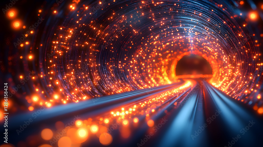 Poster data highway: a futuristic tunnel pulses with digital energy, a pathway of light, suggesting the bou