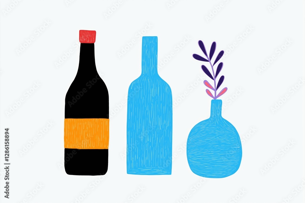 Poster abstract illustration of decorative bottles with colorful patterns and floral element