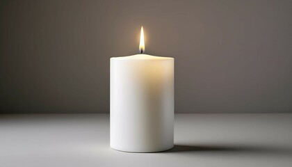 white pillar candle with a glowing flame isolated on soft background