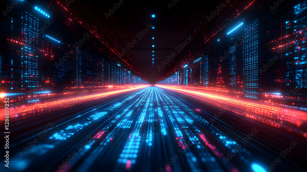 Poster digital highway: a mesmerizing tunnel of data and light streams into the distance, highlighting the 