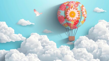 Fototapeta premium A hot air balloon with floral patterns soars through a blue sky with fluffy white clouds.