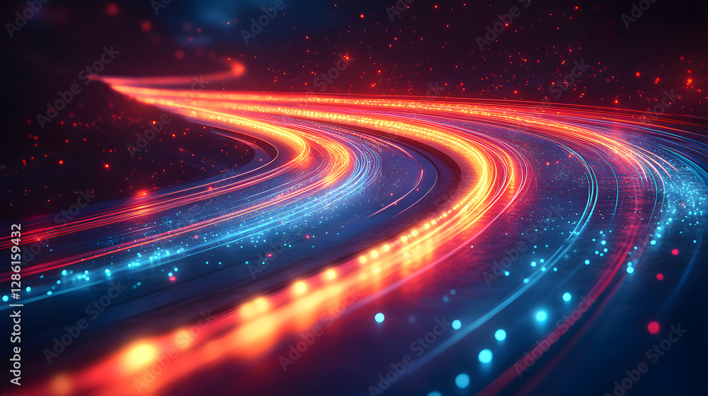 Poster dynamic path of light: a vivid digital rendering of a futuristic road or pathway, illuminated with s
