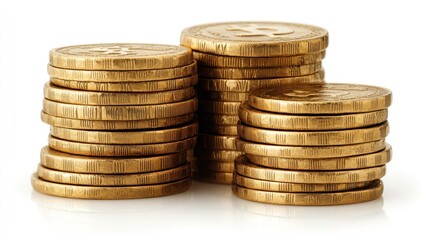 Gold coins stacked in neat piles on white background