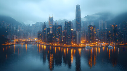 Cityscape at Dusk: A mesmerizing urban skyline emerges from a misty twilight, with tall, modern buildings, glowing lights, and water reflections, presenting a captivating, atmospheric view.