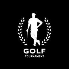 Silhouette of a man playing golf, logo, emblem on a dark background.