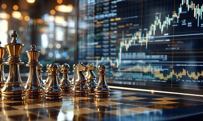 Chess pieces in focus with a digital stock market graph in the background, symbolizing strategy and finance - Powered by Adobe