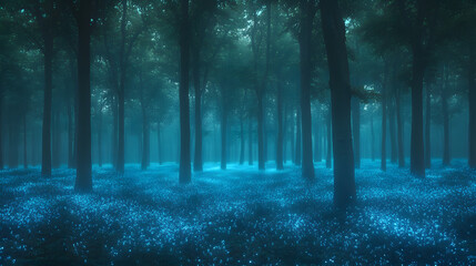 Obraz premium Mystical Forest: A captivating scene of a forest shrouded in a layer of fog with glowing blue flowers carpeting the ground, offering a surreal atmosphere.