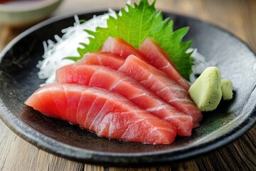 Fresh salmon sashimi slices on a plate, garnished with wasabi and shiso leaves, showcasing Japanese culinary art.