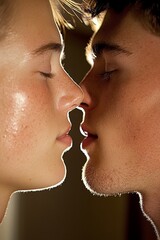 Obraz premium Intimate close up of young couple about to kiss with glowing skin and romantic tension capturing passion chemistry love high quality stock photo