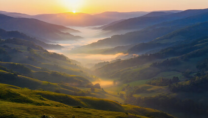 Fototapeta premium A Gorgeous Sunrise Illuminates a Mist-Filled Green Valley Surrounded by Layers of Rolling Hills