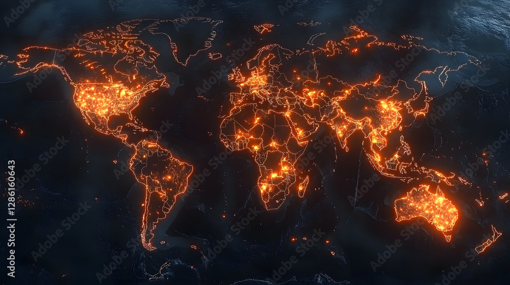 Poster global network: a captivating digital map of the world glows with interconnected dots, symbolizing t