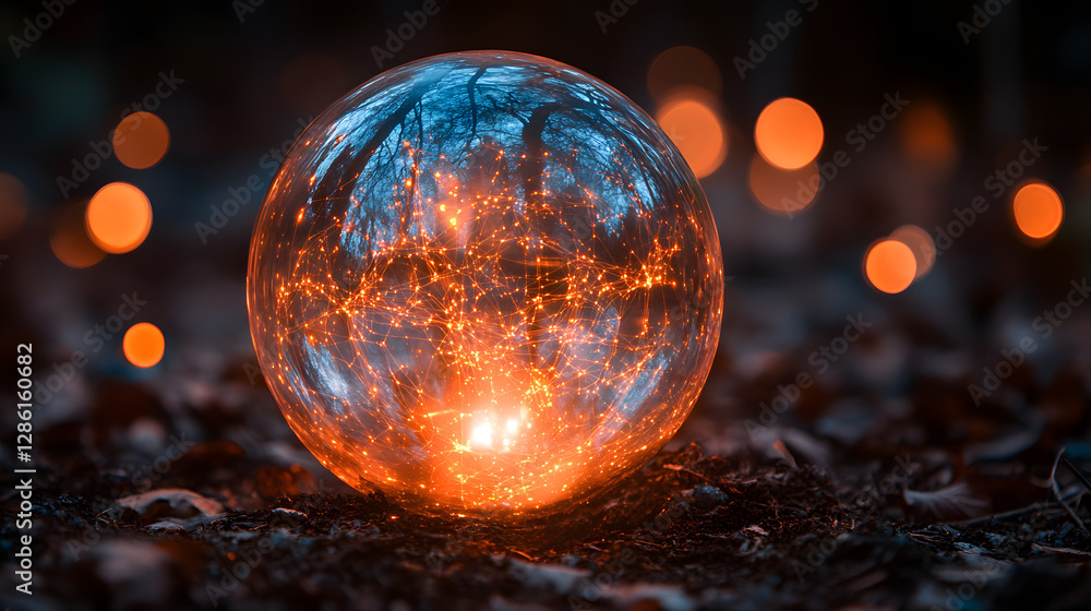 Poster mystical orb: a radiant sphere pulsates with vibrant light amidst a blurred bokeh background of fore