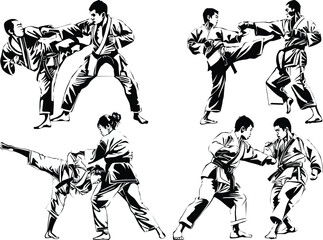 hand-to-hand black fighters isolated eight sketches