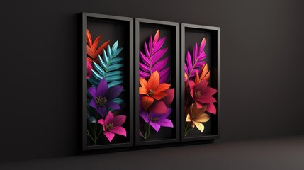 Colorful floral art display in black frames on dark background