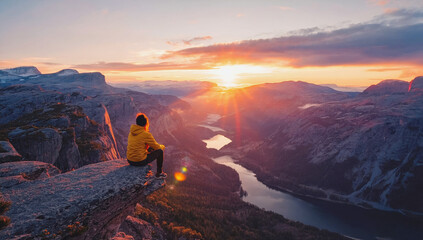 Adventurer Enjoying a Scenic Sunset from a Mountain Overlook