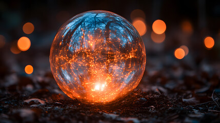 Mystical Orb: A radiant sphere pulsates with vibrant light amidst a blurred bokeh background of forest. The captivating display suggests secrets held within. 