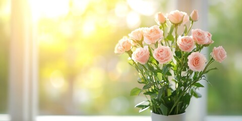 Fototapeta premium Elegant bouquet of fresh pink roses in soft sunlight placed on wooden table evoking warmth beauty romance in high quality floral stock photo