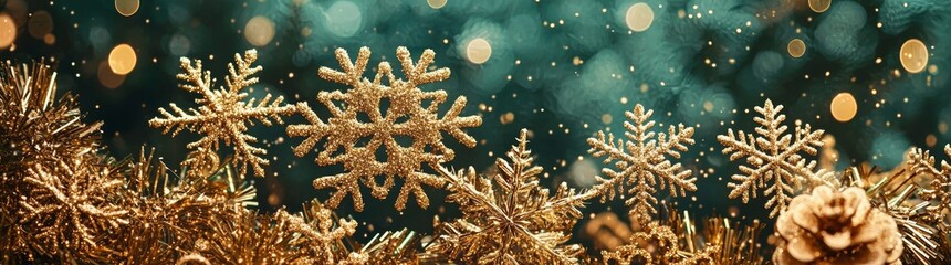 Fototapeta premium A festive banner with green background snowflakes on a green backdrop, celebrating Happy New Year and Merry Christmas. Contemporary design with golden sparkling snow.