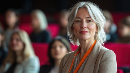 Naklejka premium Confident Female Leader at Conference, Ideal for Women's History Month, Business, and Leadership Themes