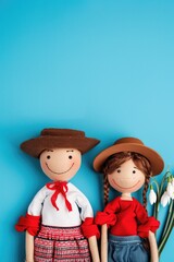 Smiling rag dolls in traditional outfits with snowdrop flowers and blue background