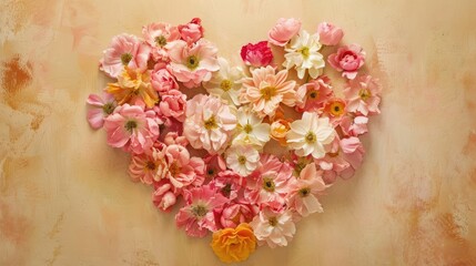 Floral arrangement of bright heart-shaped flowers on a beige background. The concept of love and nature. valentine's day.