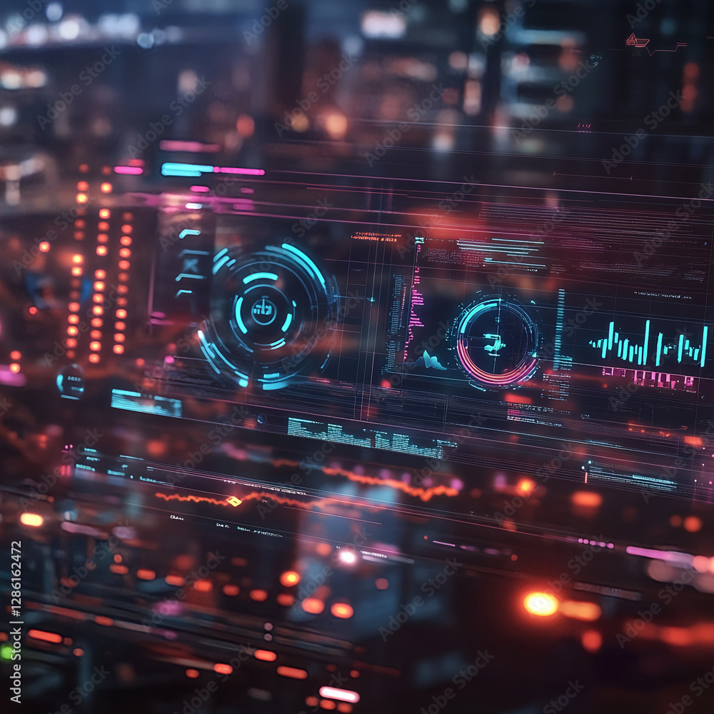 Poster dynamic data visualization display futuristic tech hub digital interface urban environment close-up 