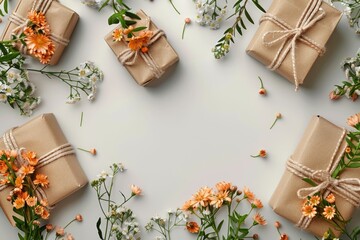 Kraft paper gift boxes adorned with delicate orange and white flowers, creating a charming arrangement.